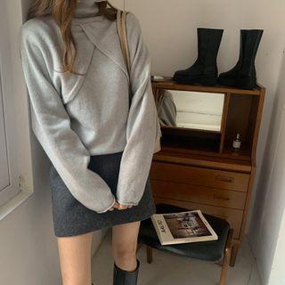Turtle-neck Cape-layered Wool Blend Knit Top