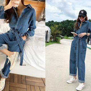 Zip-fly Denim Jumpsuit With Sash Blue - One Size