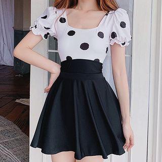 Puff-sleeve Dotted Panel Swim Dress