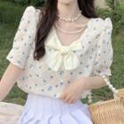 Puff Sleeve V-neck Bow Blouse