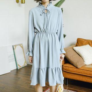 Long-sleeve Tie-neck A-line Dress Grayish Blue - One Size