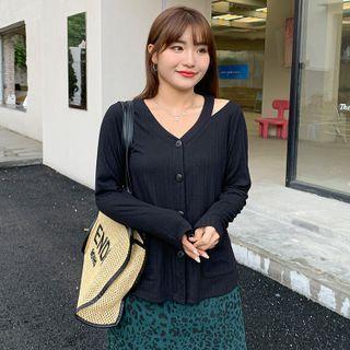 Long-sleeve V-neck Plain Off-shoulder Cardigan