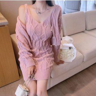 Set : Sweater Cardigan + Knit Suspender Skirt Pink - One Size