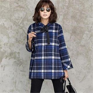 Tie-neck Wide-sleeve Plaid Top