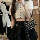 Short-sleeve Ribbed Cropped Cardigan / Mini A-line Skirt