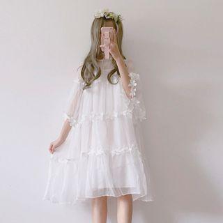 Set: Elbow-sleeve Floral Trim A-line Dress + Slipdress White - One Size