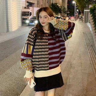 Patterned Sweater Stripe - Panel - Red & Purple & Khaki - One Size