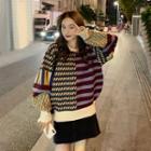 Patterned Sweater Stripe - Panel - Red & Purple & Khaki - One Size