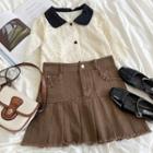 Short-sleeve Color Block Lace Top Almond - One Size