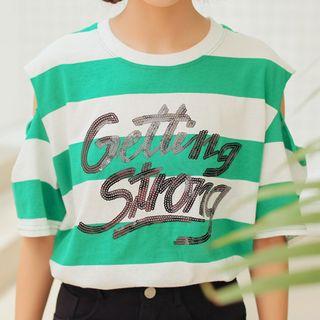 Sequined Lettering Cold Shoulder Short-sleeve T-shirt