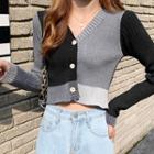 Long-sleeve Color Block Knit Cardigan Gray - One Size