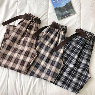 Plaid High-waist Straight-cut Pants With Belt