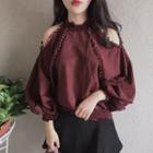 Pompom-accent Off-shoulder Long-sleeved Top