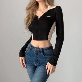 Color-block Long Sleeve Zip-up Top