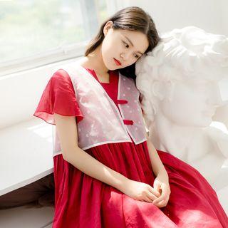 Set: Short-sleeve A-line Midi Dress + Sleeveless Bolero