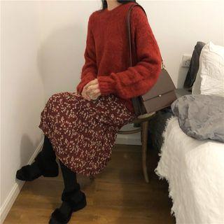 Plain Long-sleeve Sweater / Long-sleeve Floral Pleated Dress