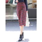 Wrap-front Buttoned Plaid Midi Skirt