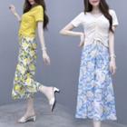Set: Short-sleeve Drawstring T-shirt + Cropped Patterned Wide-leg Pants