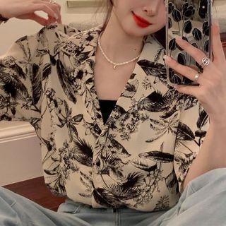 Short-sleeve Print Hawaiian Shirt Print - Black & Khaki - One Size