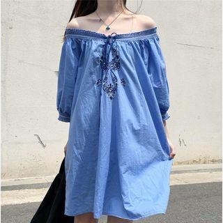 Embroidered Off-shoulder 3/4-sleeve A-line Dress As Shown In Figure - One Size