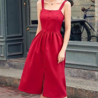 Slit-front Midi Spaghetti Strap Dress