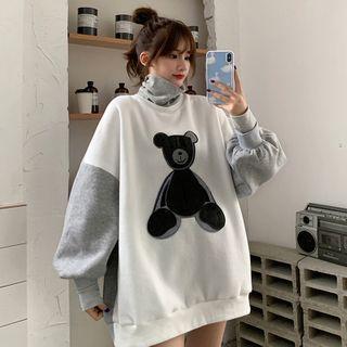 Turtleneck Mock Two-piece Bear Embroidered Sweatshirt