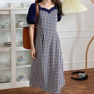 Puff-sleeve Panel Gingham Midi A-line Dress Navy Blue - One Size