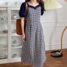 Puff-sleeve Panel Gingham Midi A-line Dress Navy Blue - One Size