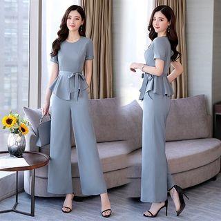 Set: Short-sleeve Peplum Top + Wide-leg Pants