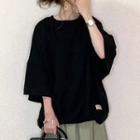 Oversize Elbow-sleeve Plain T-shirt Black - One Size