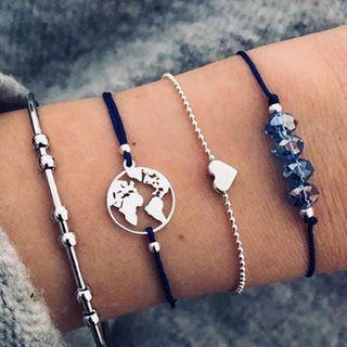 Set Of 4: Alloy World Map / Heart / Faux Crystal Bracelet (assorted Designs)