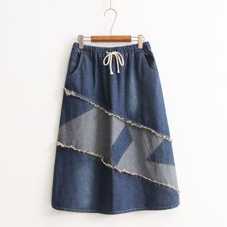 Color Panel Drawstring Midi Denim Skirt
