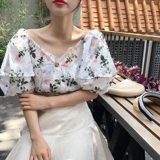 Flower Print V-neck Short-sleeve Top