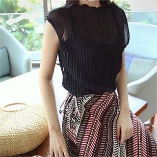 Mock-neck Sheer Pleated Top
