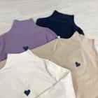 Mock-neck Long-sleeve Heart Embroidered T-shirt