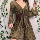 Leaf Print V-neck Long-sleeve Mini A-line Dress