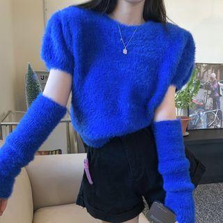 Set: Short-sleeve Fluffy Knit Top + Arm Sleeves Set Of 2 - Top & Arm Sleeves - Blue - One Size