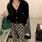 Puff-sleeve V-neck Cropped Knit Cardigan
