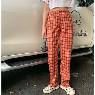 Short-sleeve Plain Cropped T-shirt / Plaid Straight-fit Pants