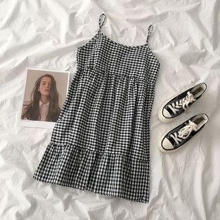 Spaghetti Strap Plaid Tiered A-line Dress Black - One Size