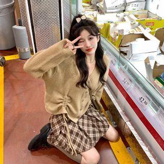 V-neck Drawstring Cardigan / Plaid Mini A-line Skirt