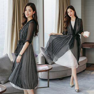 Set: Crew-neck Midi Sleeveless Dress + Open-front Long Jacket
