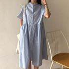 Short-sleeve A-line Midi Shirtdress Blue - One Size