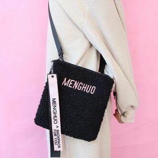 Letter Embroidered Fleece Shoulder Bag