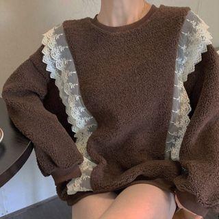 Lace Trim Fleece Sweatshirt Khaki - One Size