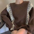 Lace Trim Fleece Sweatshirt Khaki - One Size