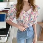 Puff-sleeve Frill-trim Floral Print Blouse