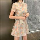 Flower Printed Short-sleeve Cropped Qipao Top / Skirt
