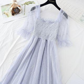 Short-sleeve Rhinestone Midi Mesh Dress