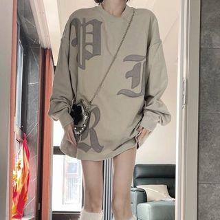 Long-sleeve Lettering T-shirt Light Gray - One Size